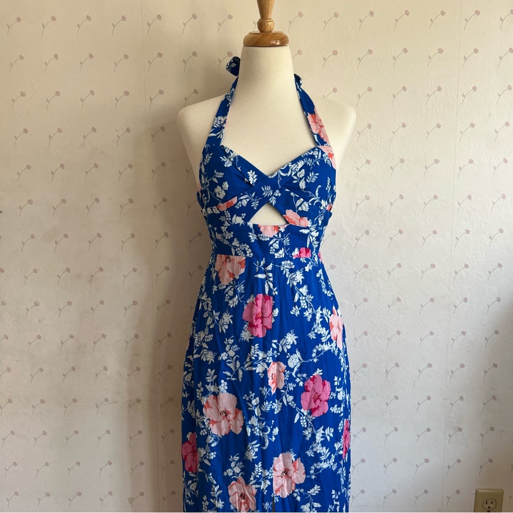 blue/pink/white tropical floral summer dress
